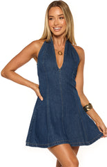 Isalin Mid Wash Denim Halter Mini Dress