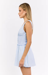 Juna Light Blue Stripe Shirred Mini Dress
