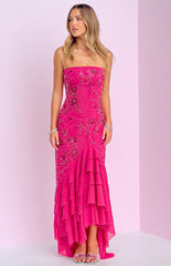 Khai Pink Ruffle Maxi Scarf Beaded Dress
